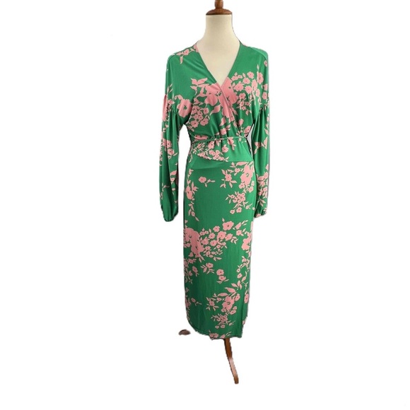ASOS Design Pink Green Floral Long Sleeve Long Wrap Dress US 16/18 - Picture 1 of 6